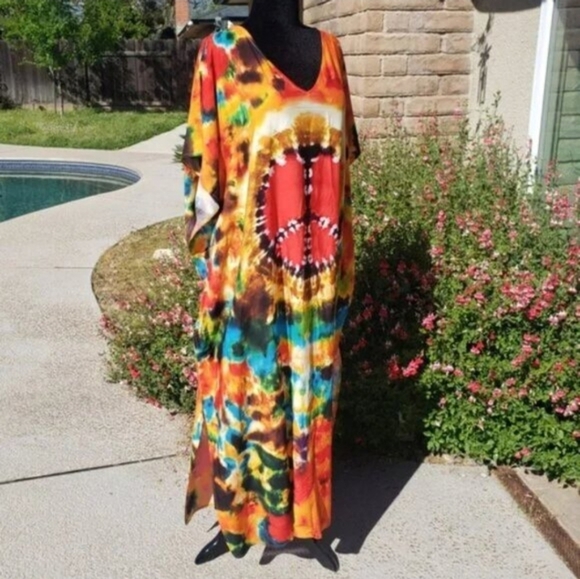 Kaftan Dress Tie Dye Peace Maxi Cover Up ✌️NEW - Picture 3 of 8